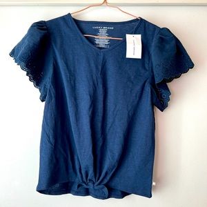 Lucky Brand Girls' Short Cotton Tee with scallop eyelet embroidery Sleeves